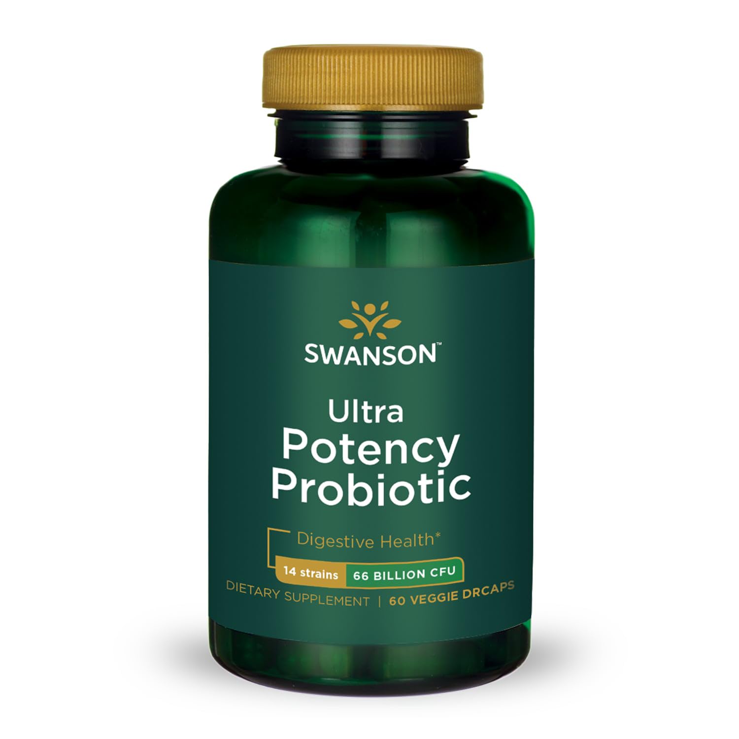 Swanson Ultra Potency Probiotic bottle showing 66B CFU for digestive balance and immune support.