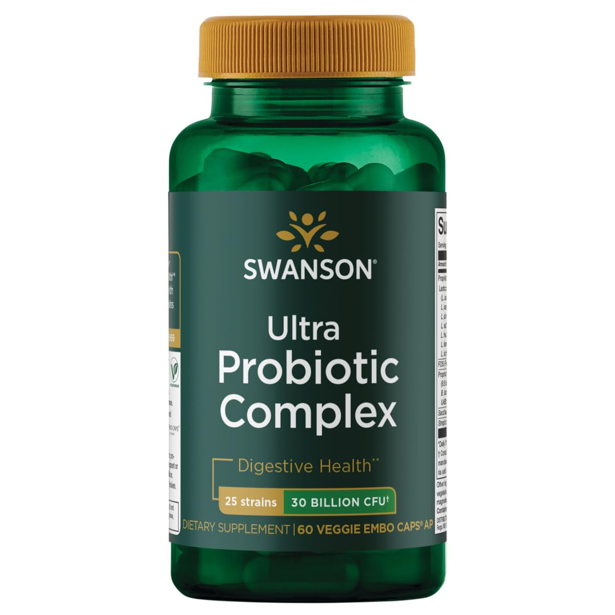 Swanson Ultra Probiotic Complex bottle showing 60 veggie capsules for digestive balance.