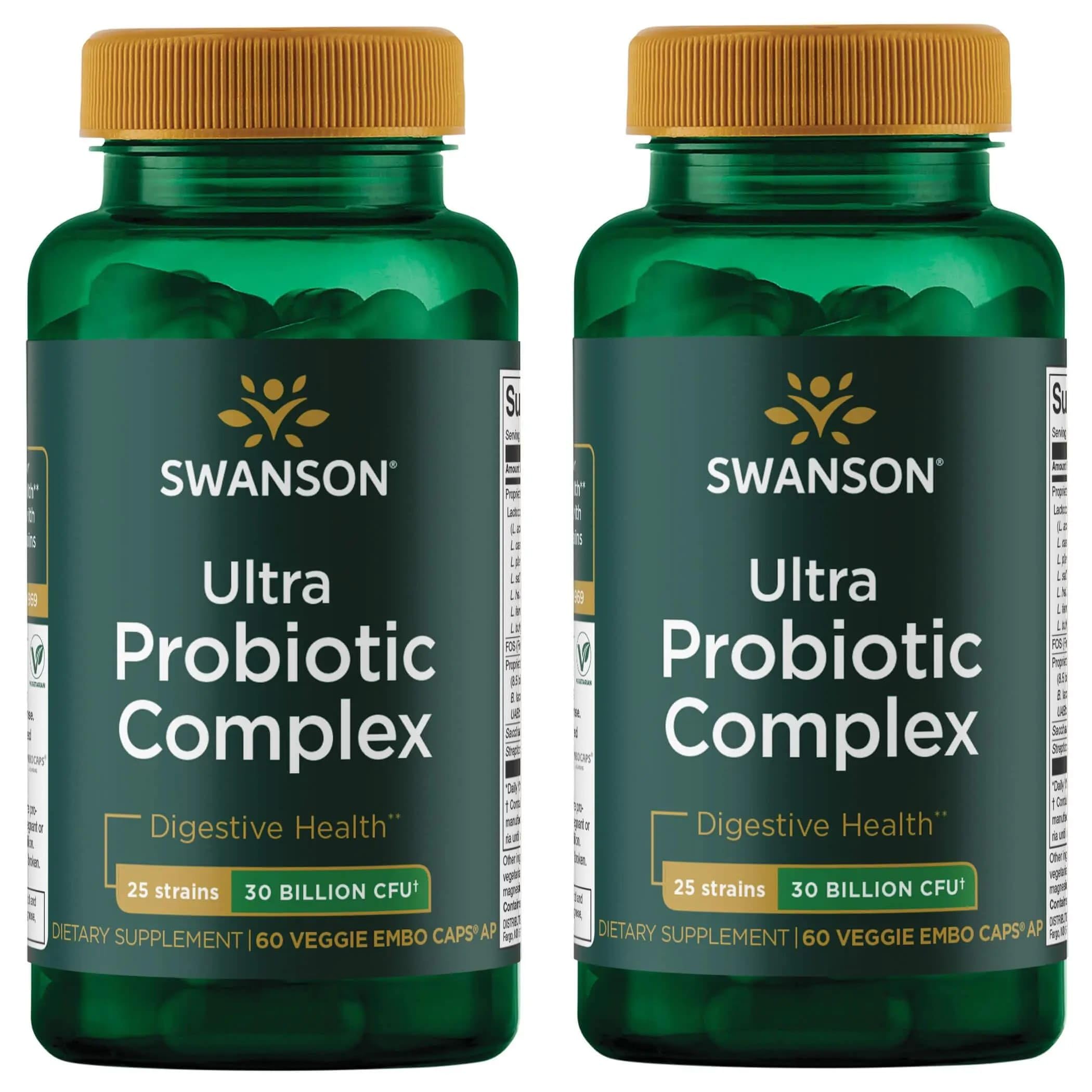 Swanson Ultra Probiotic Complex bottle with label closeup for broad-spectrum probiotic support