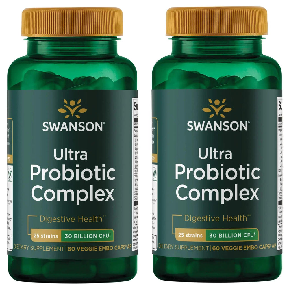 Swanson Ultra Probiotic Complex bottle with label closeup for broad-spectrum probiotic support