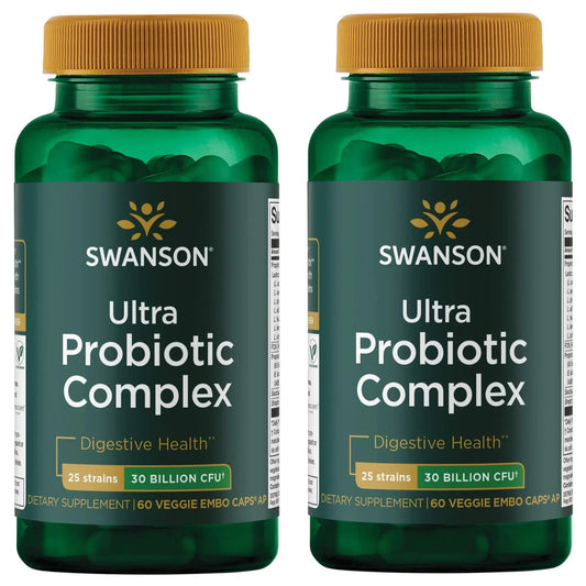 Swanson Ultra Probiotic Complex bottle with label closeup for broad-spectrum probiotic support