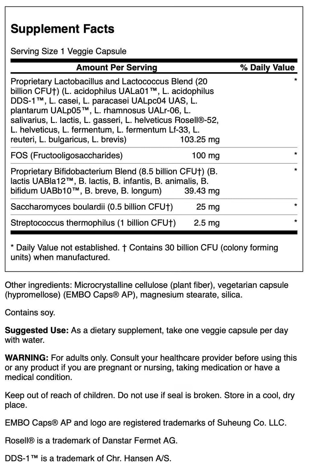 Swanson Ultra Probiotic Complex label detail showing 3 billion CFU per capsule for daily digestive balance