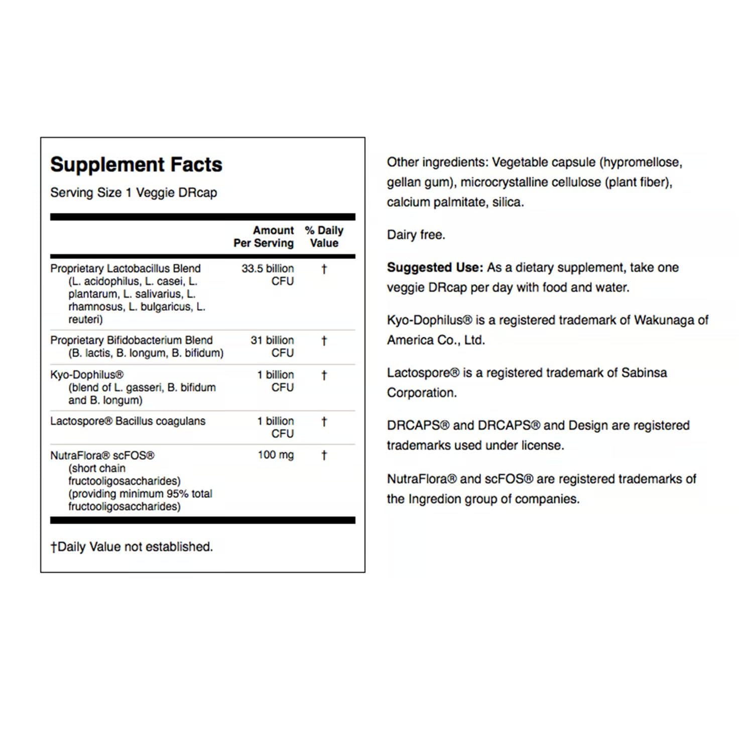 Swanson Ultra probiotic label details highlight 66B CFU and NutraFlora prebiotic.