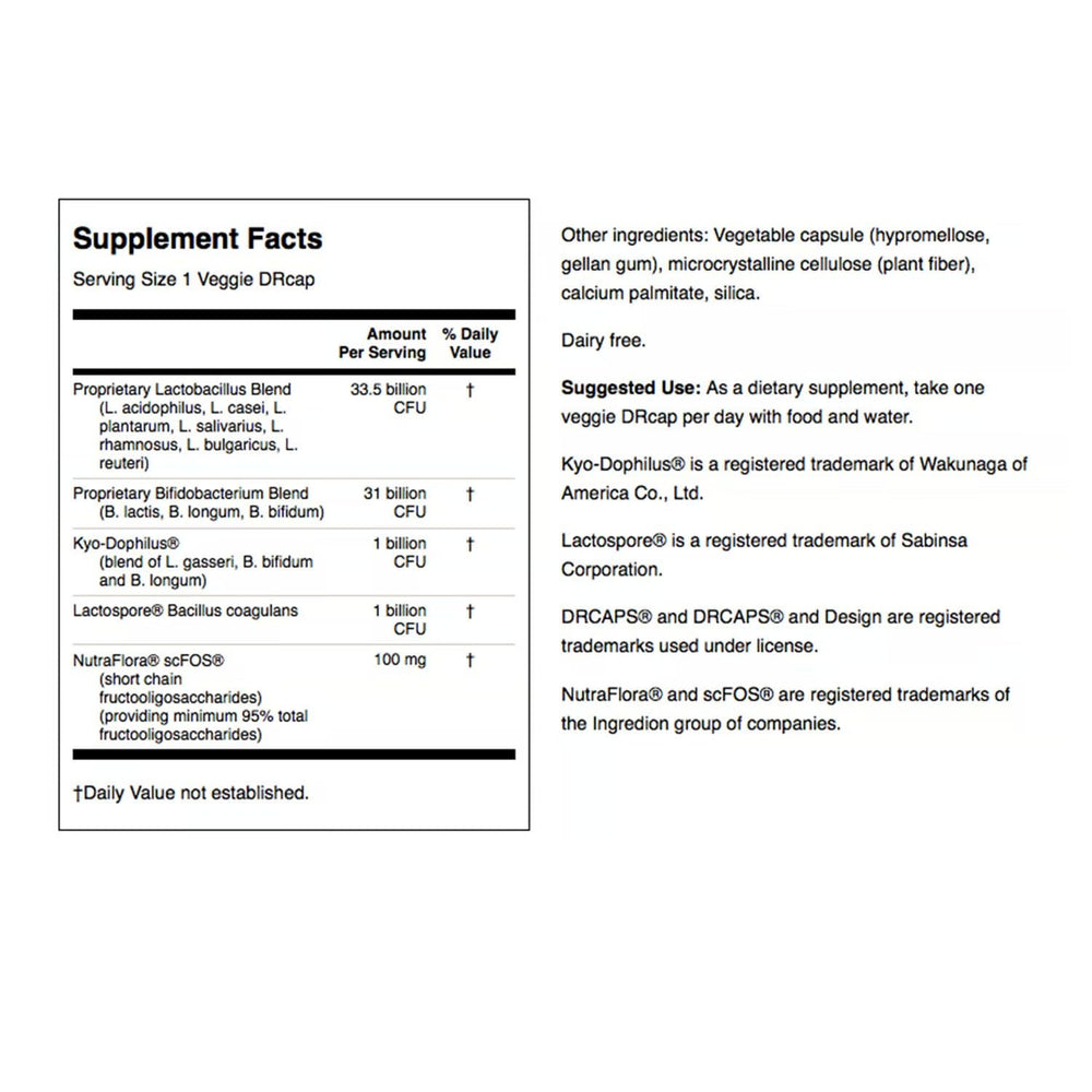 Swanson Ultra probiotic label details highlight 66B CFU and NutraFlora prebiotic.