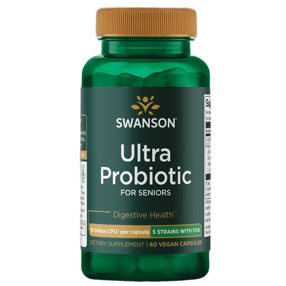 Swanson Ultra Probiotic for Seniors bottle label close‑up showing 60 vegetarian capsules.