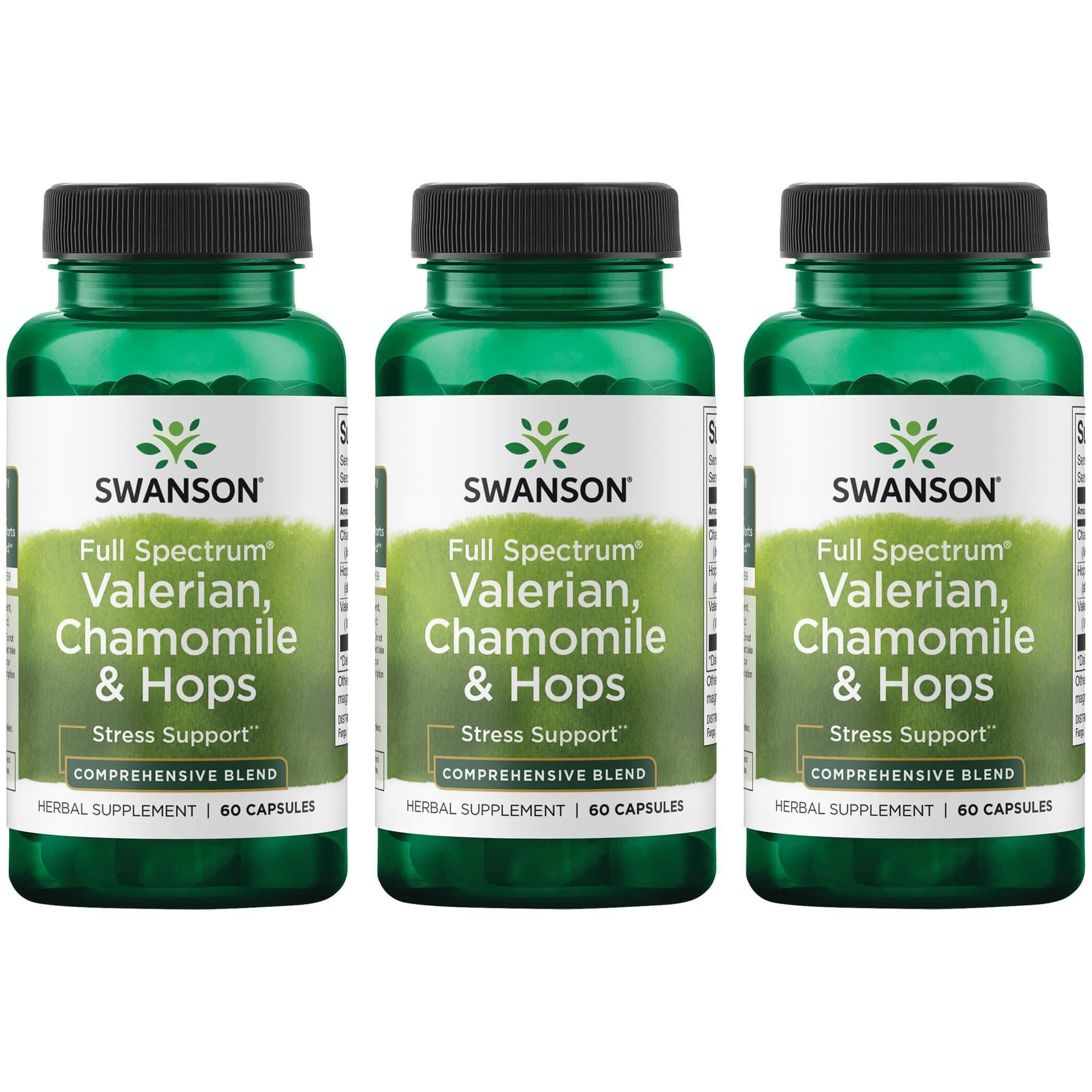 Swanson Valerian Chamomile Hops bottle for a calming nightly routine.