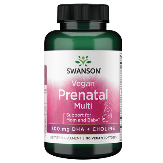 Swanson Vegan Prenatal Multi SGELS bottle front—vegan, gluten-free prenatal option.
