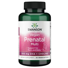 Swanson Vegan Prenatal Multi SGELS bottle front—vegan, gluten-free prenatal option.