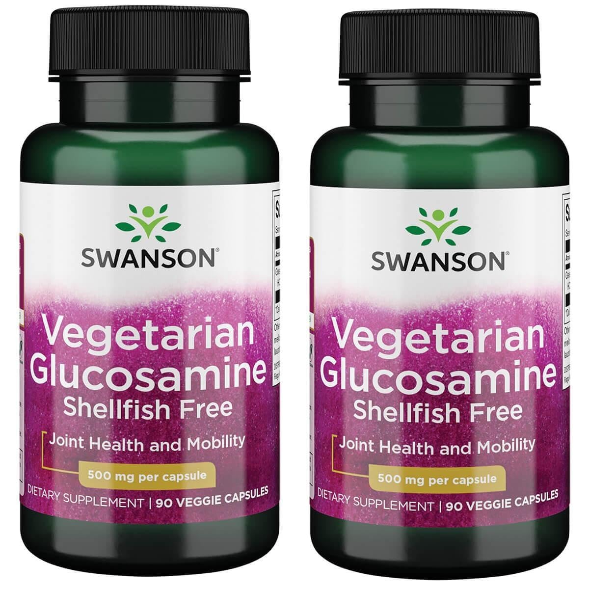 Swanson Vegetarian Glucosamine 2-pack bottle emphasizes joint health support and shellfish-free formula.