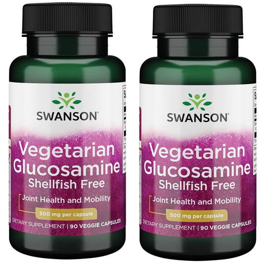Swanson Vegetarian Glucosamine 2-pack bottle emphasizes joint health support and shellfish-free formula.