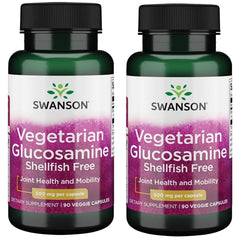 Swanson Vegetarian Glucosamine 2-pack bottle emphasizes joint health support and shellfish-free formula.