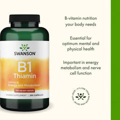Close view of Swanson B1 label with thiamin details and dosage