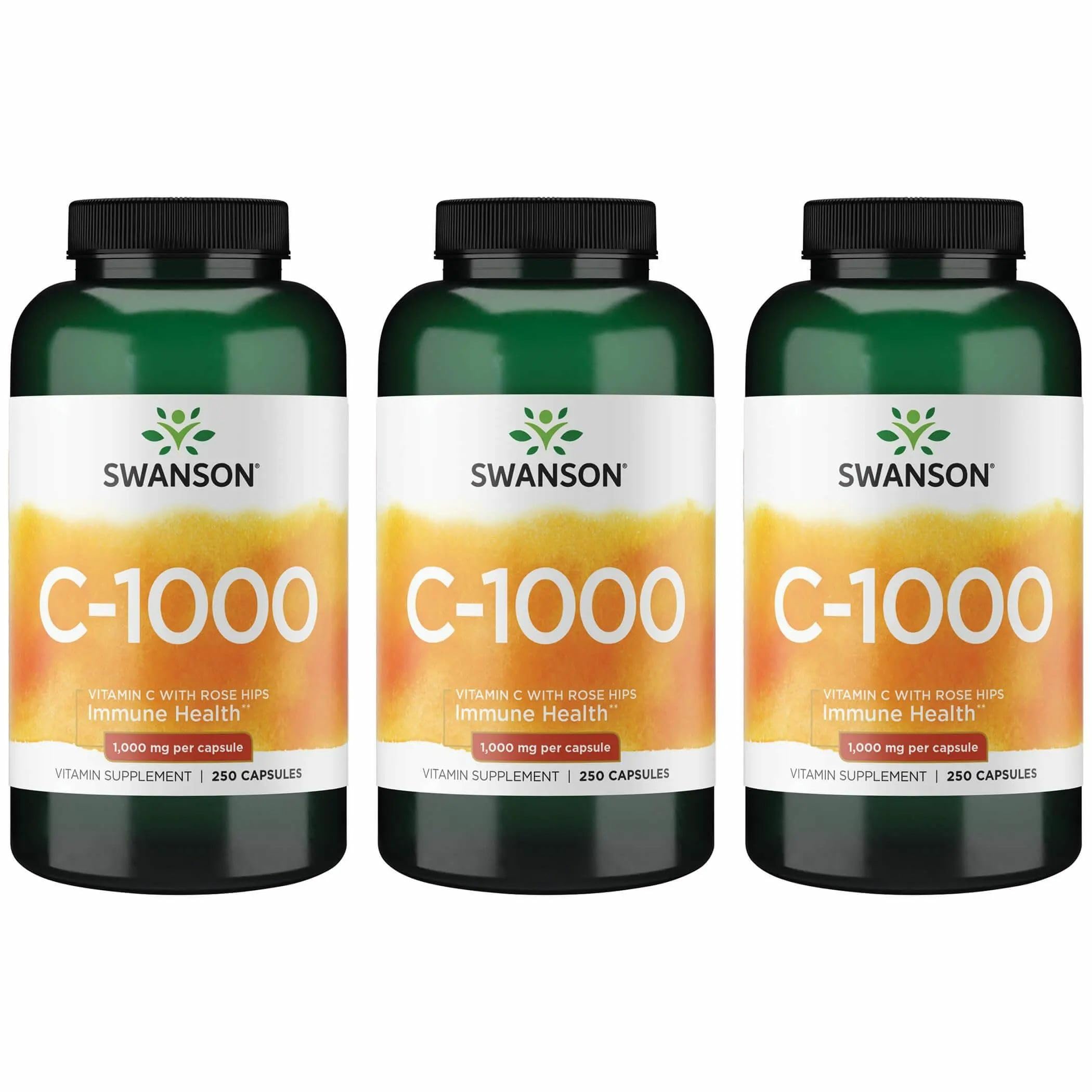 Swanson Vitamin C with Rose Hips capsule bottle for immune support.