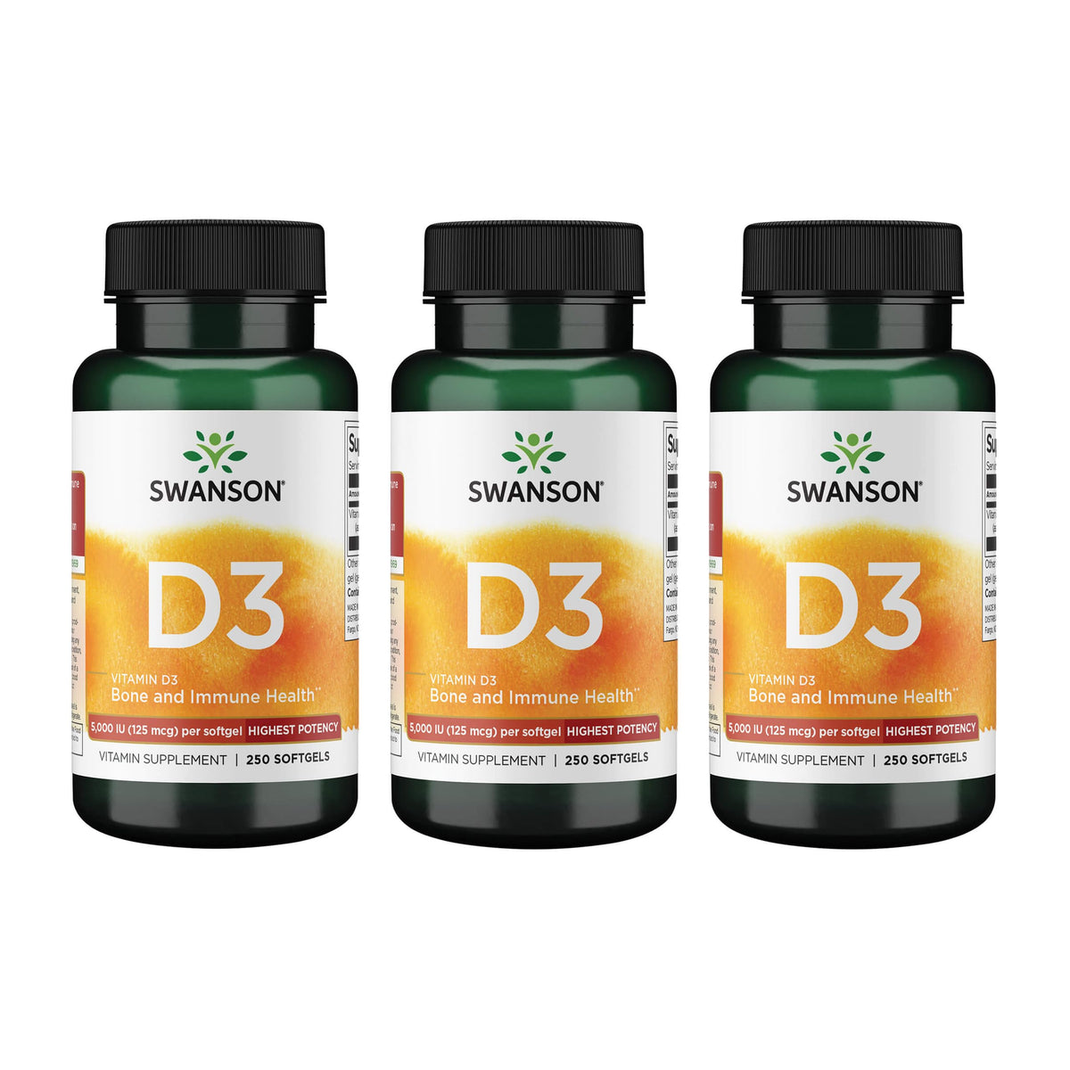 Swanson Vitamin D3 softgel bottle on table suggesting bone and immune support