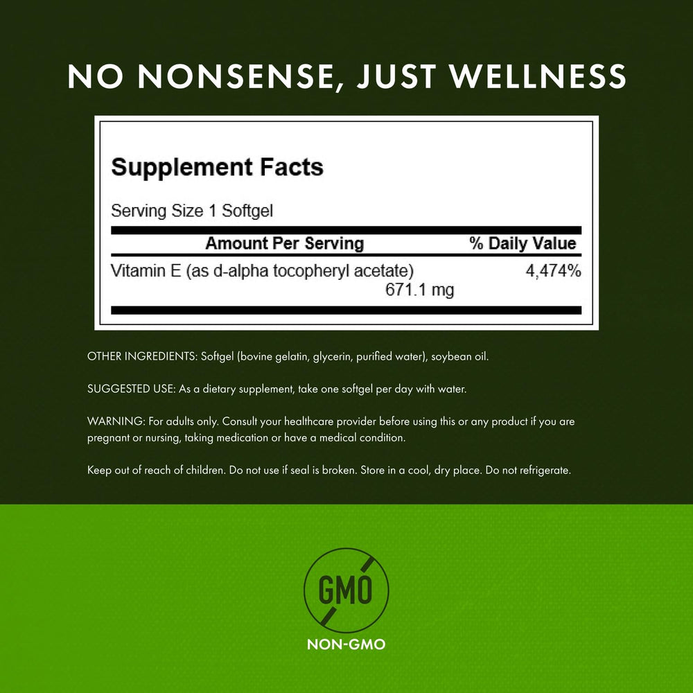 Swanson Vitamin E 1000 IU label detail highlights potency and quality assurance