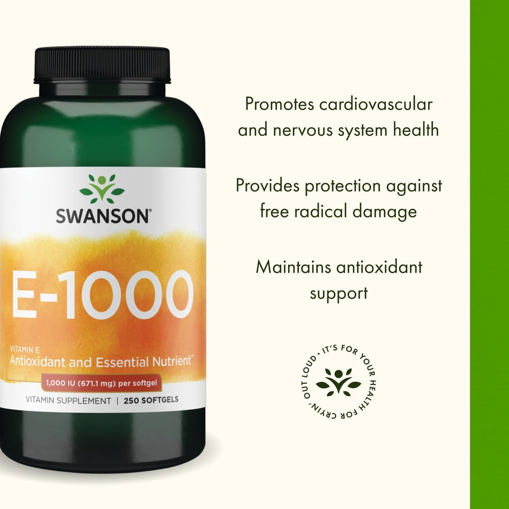Swanson Vitamin E 1000 IU nutrition facts panel closeup shows serving information