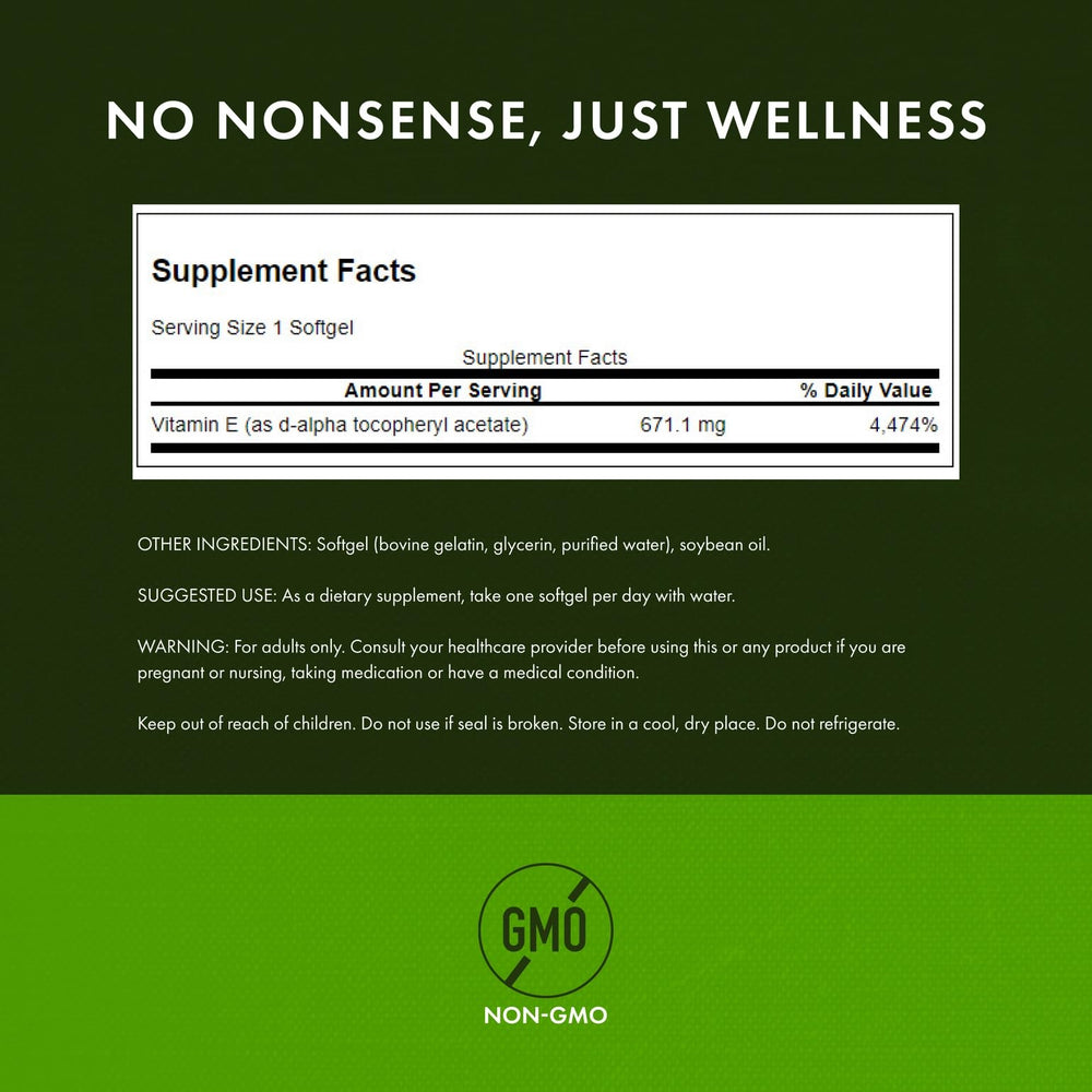 Swanson Vitamin E bottle label detail showcases 1000 IU per softgel.