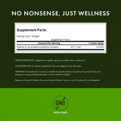 Swanson Vitamin E bottle label detail showcases 1000 IU per softgel.