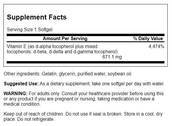 Swanson Vitamin E mixed tocopherols softgels label highlights full spectrum plant-based formula