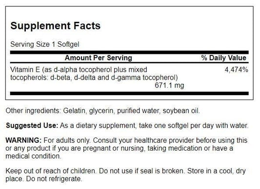 Swanson Vitamin E mixed tocopherols softgels label highlights full spectrum plant-based formula