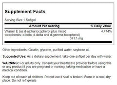 Swanson Vitamin E mixed tocopherols softgels label highlights full spectrum plant-based formula