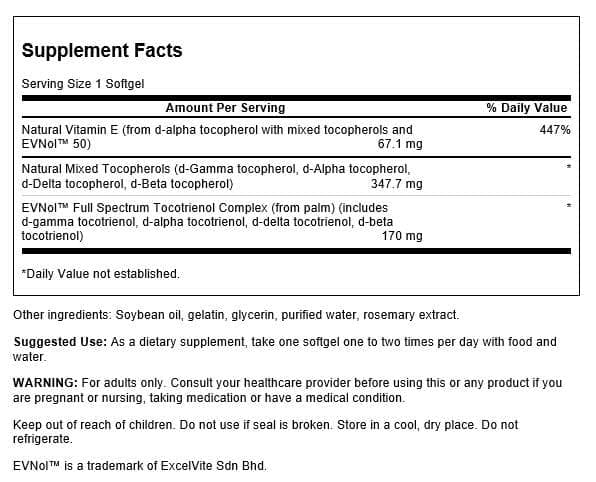 Swanson vitamin E tocotrienols label showing natural nutrients for heart health support.