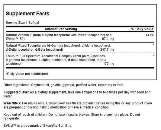Swanson vitamin E tocotrienols label showing natural nutrients for heart health support.