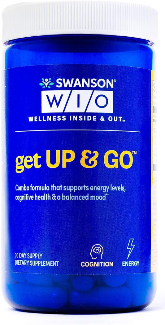Swanson WIO Get UP & GO bottle promotes balanced energy for daily tasks.
