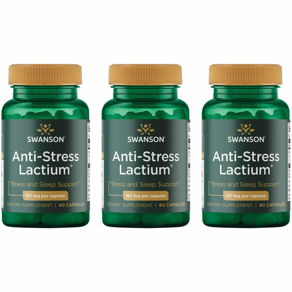 Swanson Women's Anti-Stress Formula bottle with label and capsules for calm support.