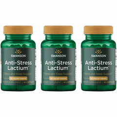 Swanson Women's Anti-Stress Formula bottle with label and capsules for calm support.