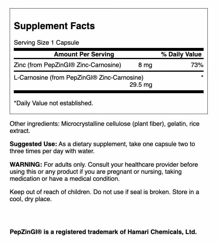 Swanson Zinc Carnosine capsules-closeup highlighting capsule quality for gut health.