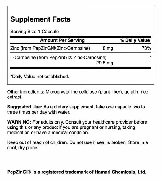 Swanson Zinc Carnosine capsules-closeup highlighting capsule quality for gut health.