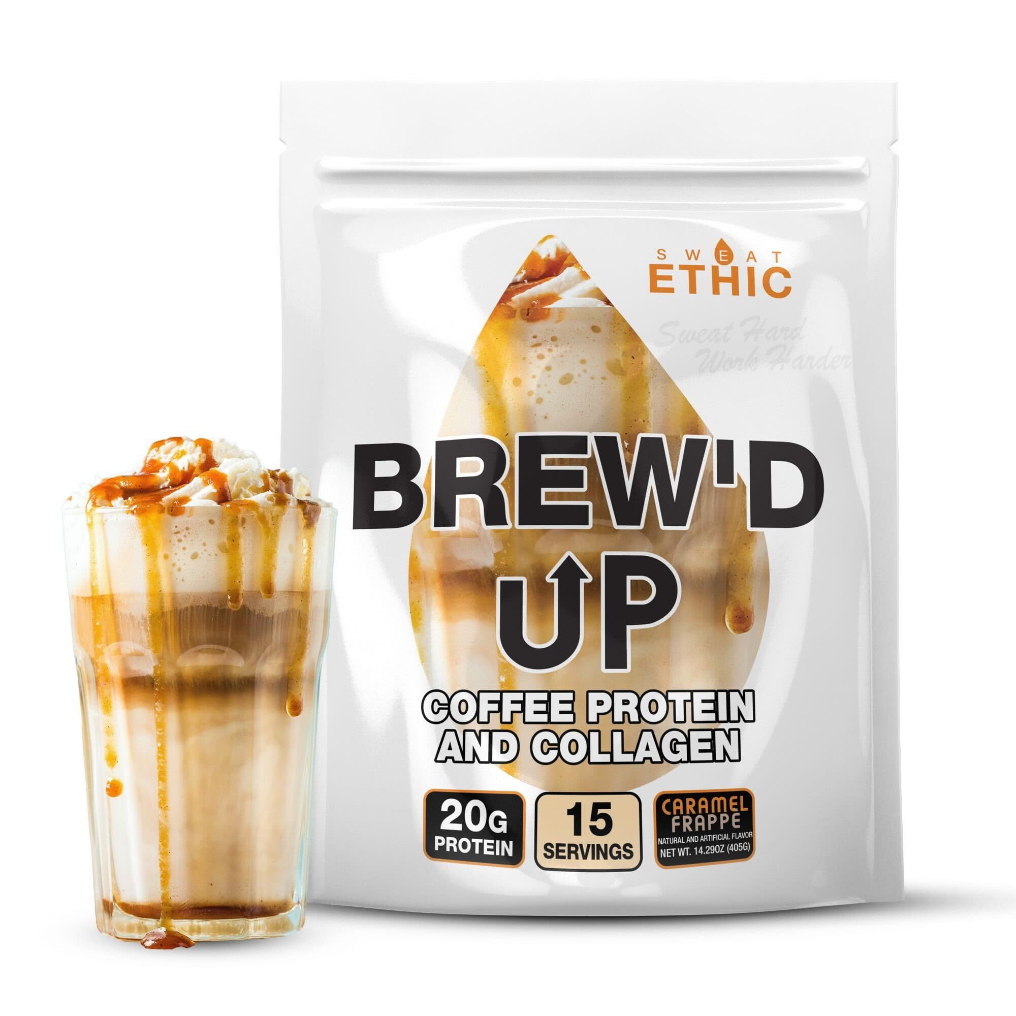Sweat Ethic Brew’d Up Caramel Frappe tub shows protein-packed coffee for busy mornings