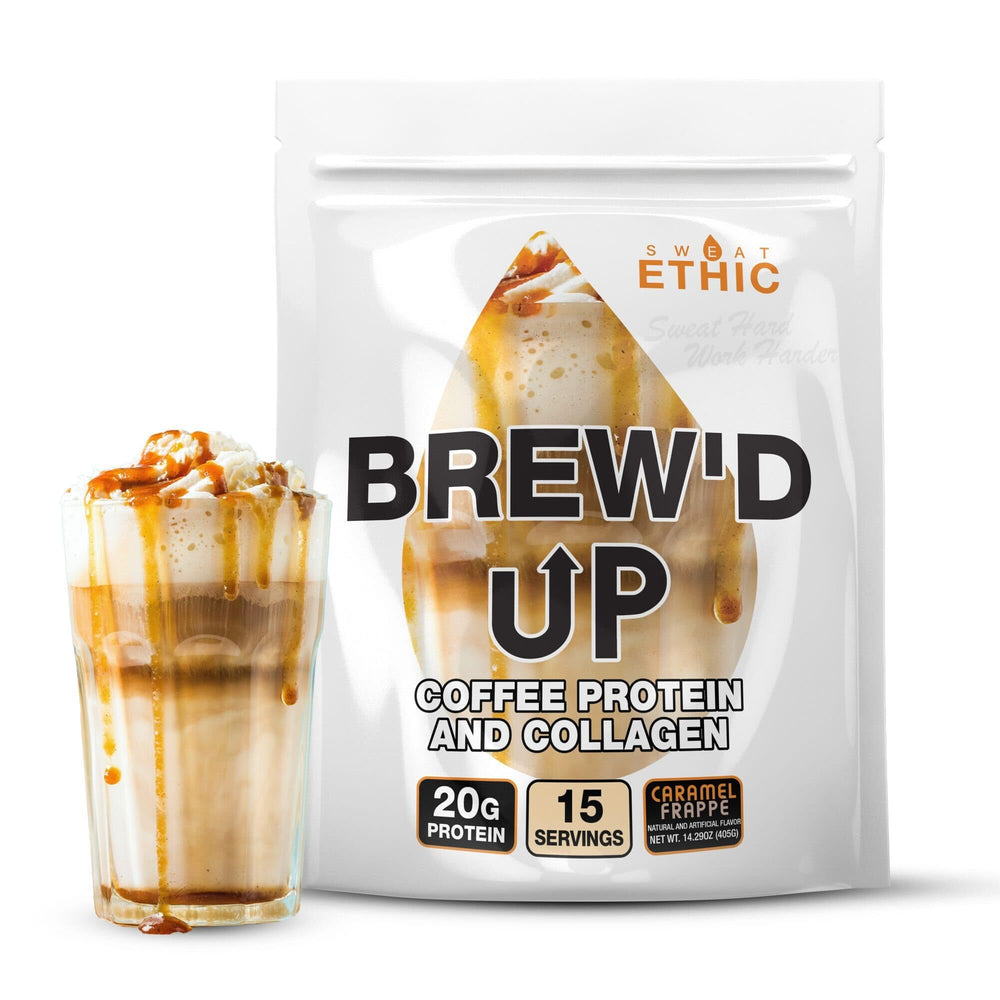 Sweat Ethic Brew’d Up Caramel Frappe tub shows protein-packed coffee for busy mornings