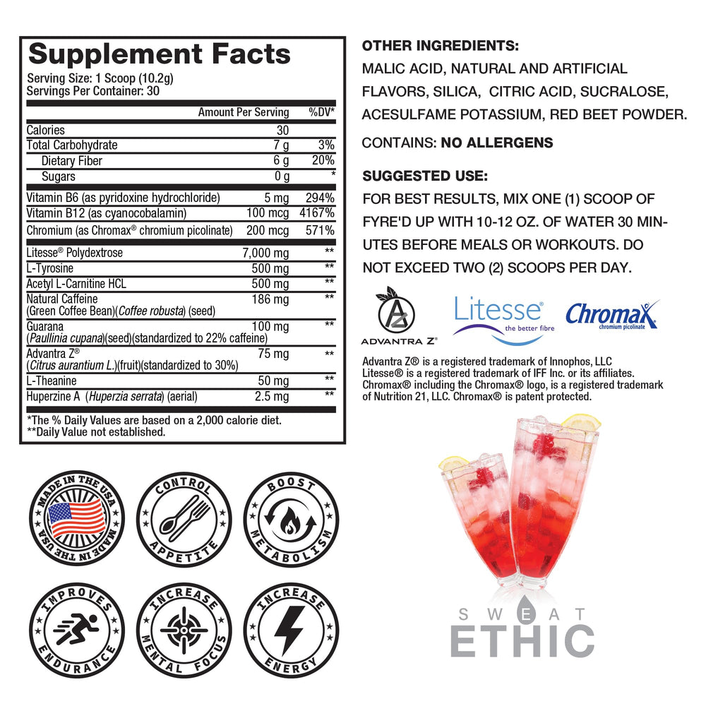 Close-up showing Chromax and L-Carnitine ingredients in Sweat Ethic FYRE’D UP