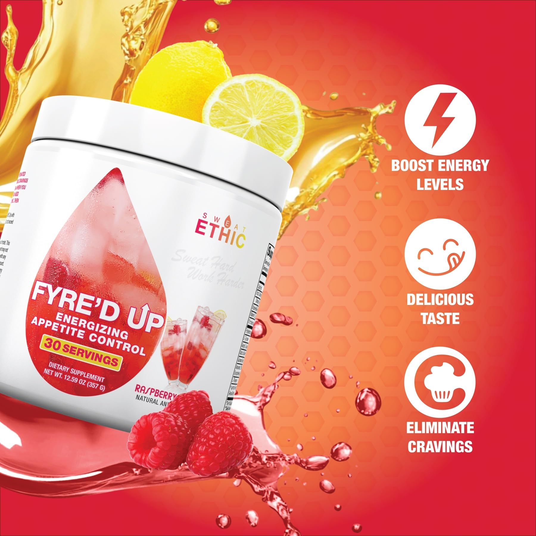 Sweat Ethic FYRE’D UP powder scoop into water for easy pre-workout mix