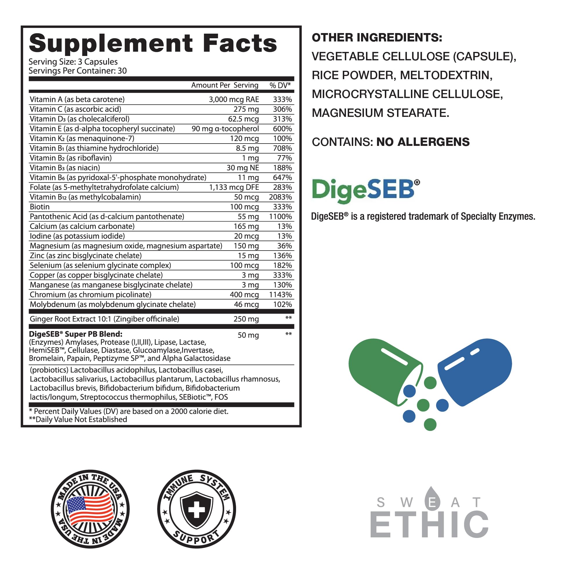 Sweat Ethic Multi-Vitamin label closeup highlights a complete nutrient blend for workouts.