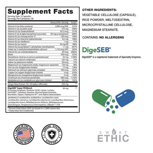 Sweat Ethic Multi-Vitamin label closeup highlights a complete nutrient blend for workouts.