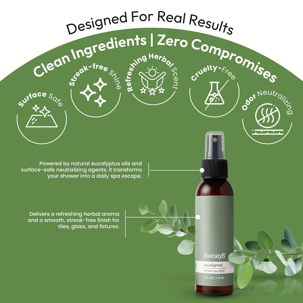 SweatyB eucalyptus shower spray aroma cloud for crisp, uplifting scent.