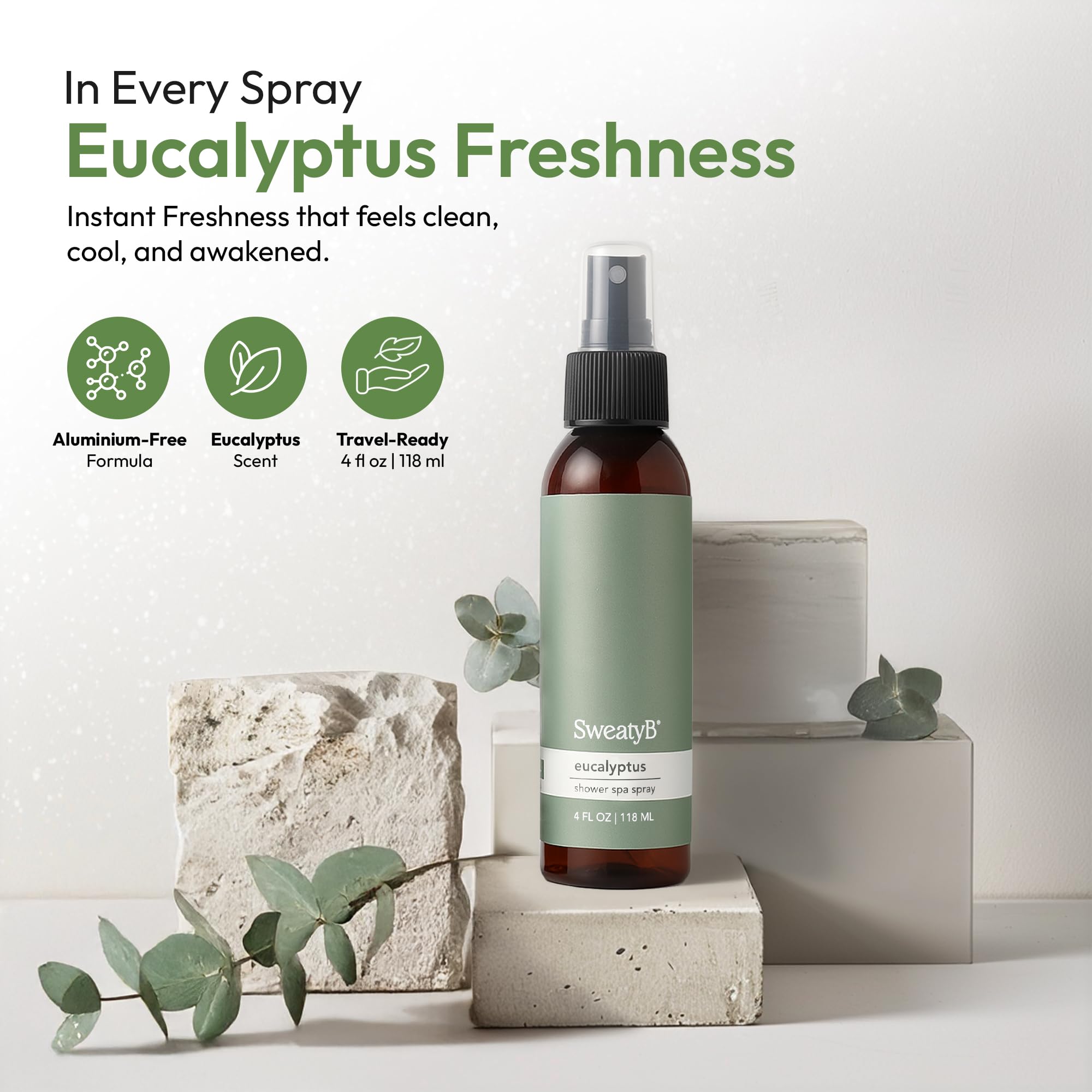SweatyB eucalyptus shower spray leaf closeup showing natural freshness.