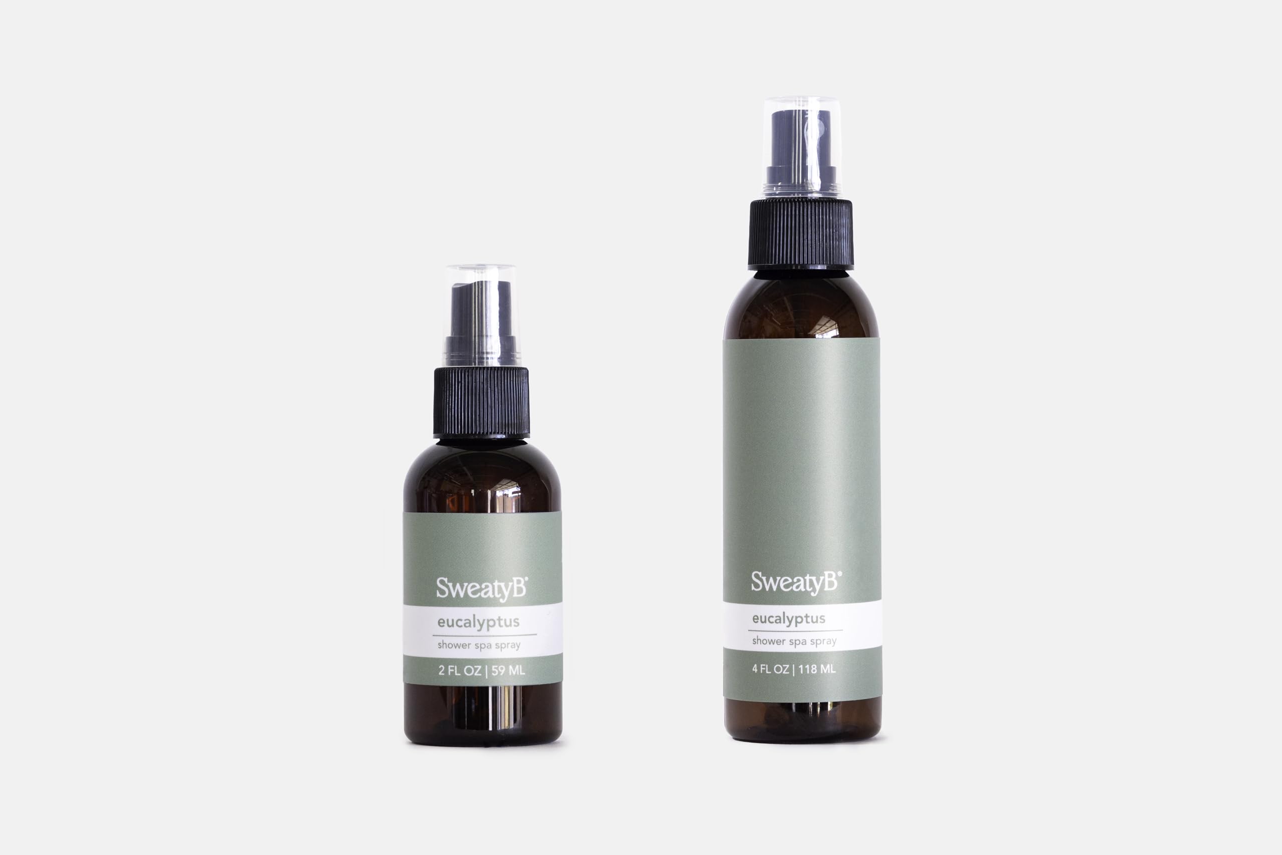 SweatyB eucalyptus shower spray small bottle for daily travel use.