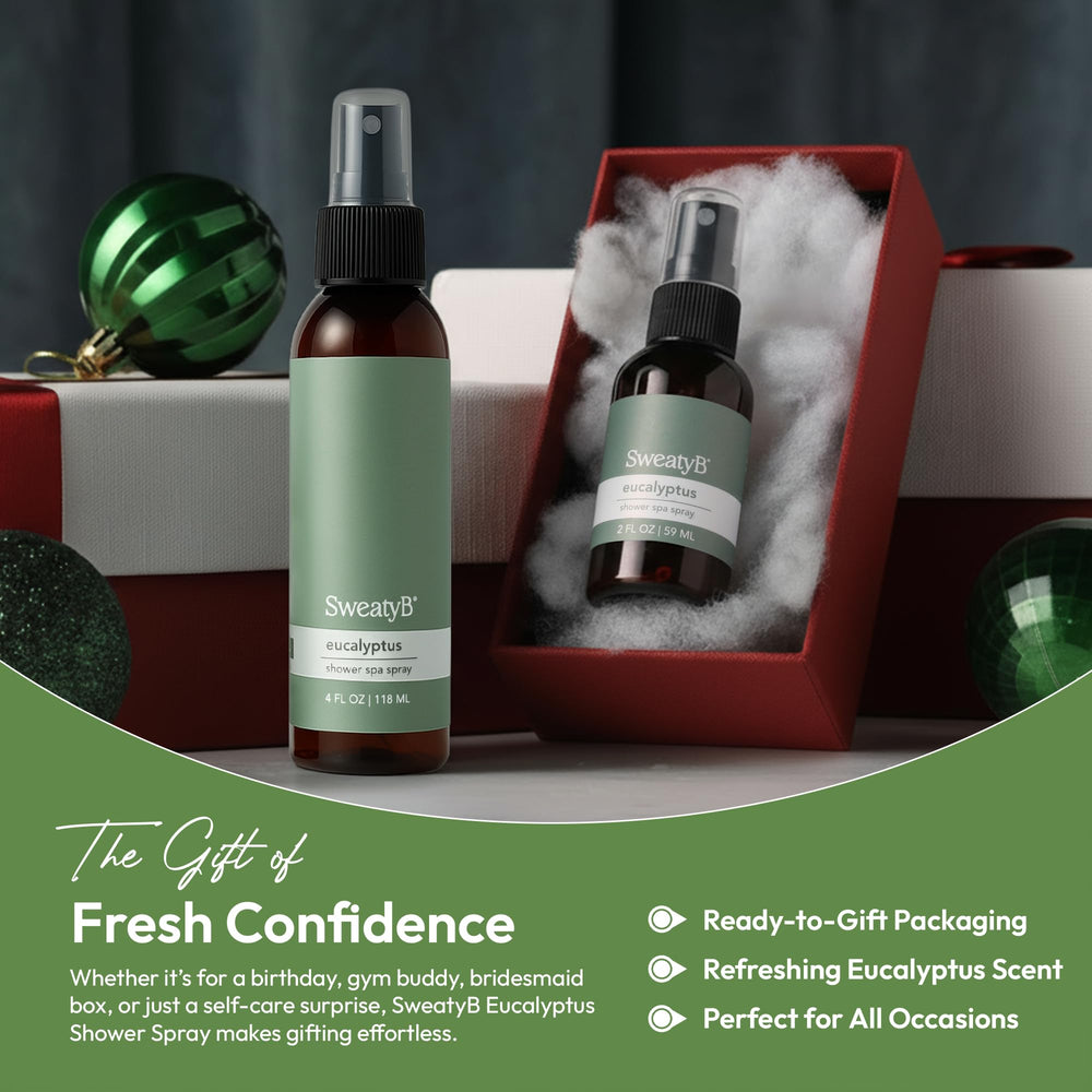 SweatyB eucalyptus shower spray travel-size fits gym bag on the go.
