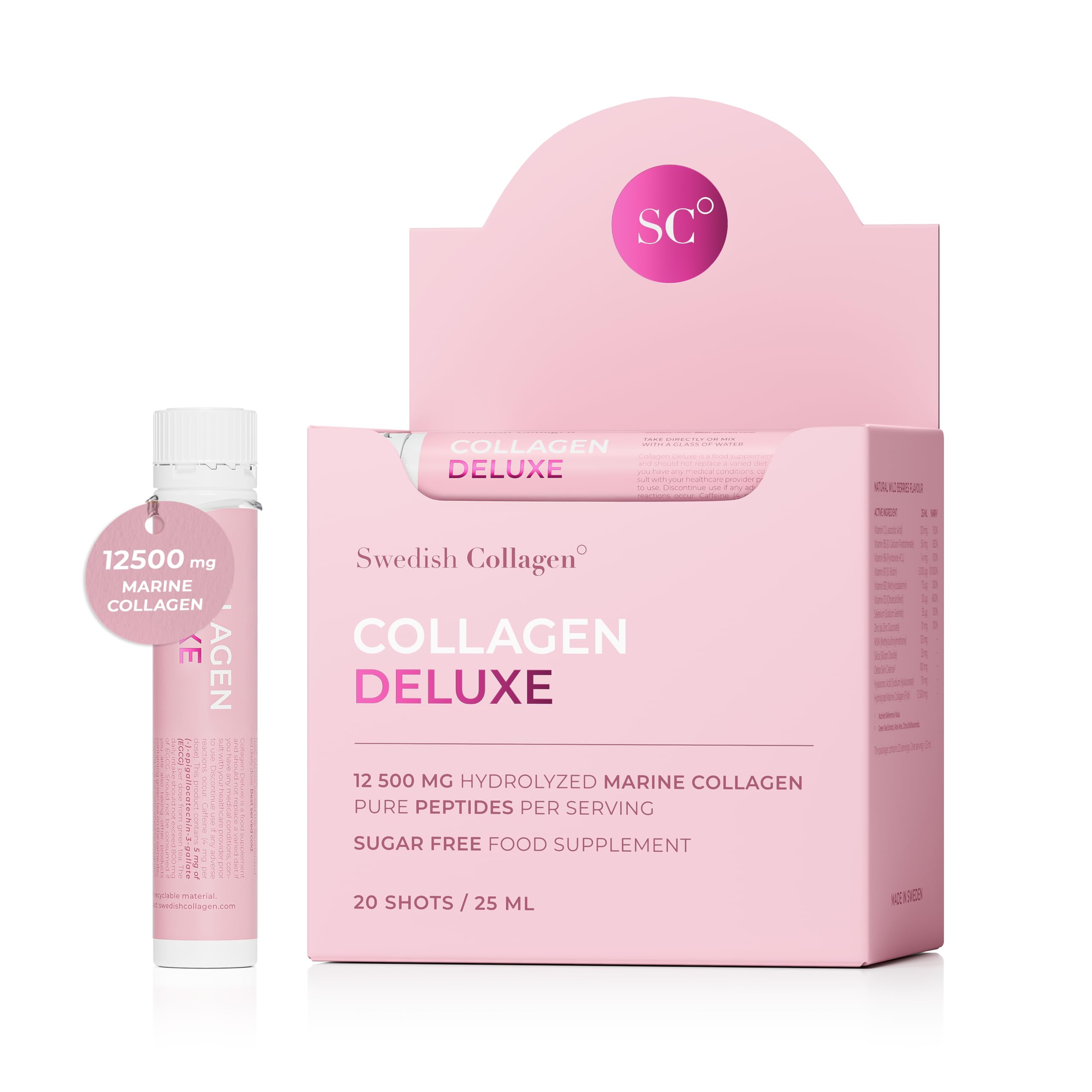 Swedish Collagen Deluxe bottle pour shows high-dose marine collagen for daily skin support