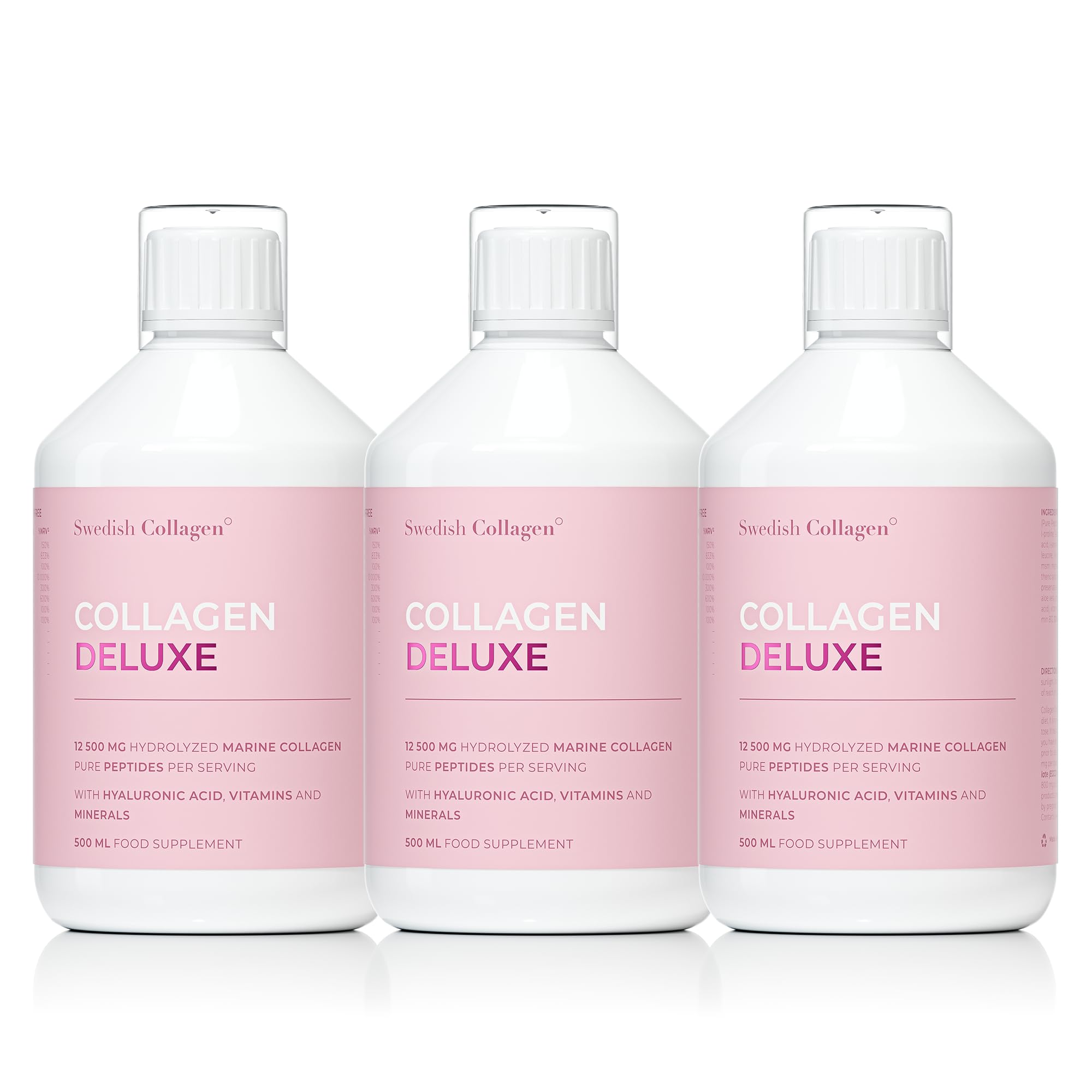 Swedish Collagen Deluxe bottle setup shows a 60-day supply for daily beauty routines