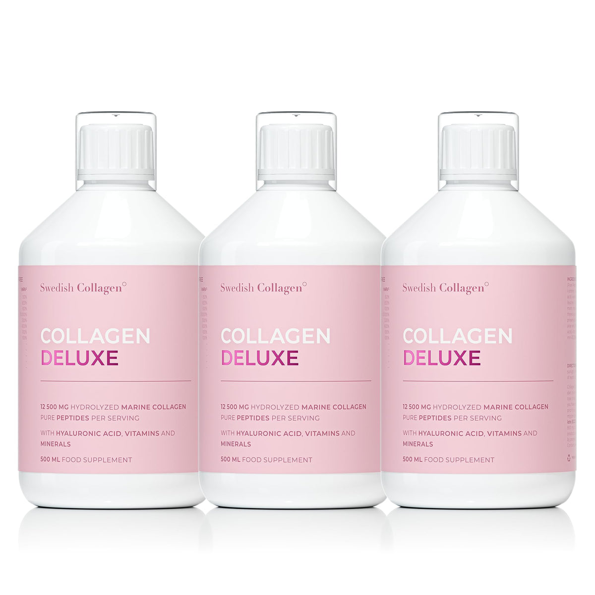 Swedish Collagen Deluxe bottle setup shows a 60-day supply for daily beauty routines