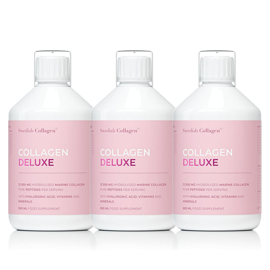 Swedish Collagen Deluxe bottle setup shows a 60-day supply for daily beauty routines