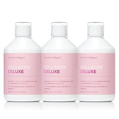 Swedish Collagen Deluxe bottle setup shows a 60-day supply for daily beauty routines