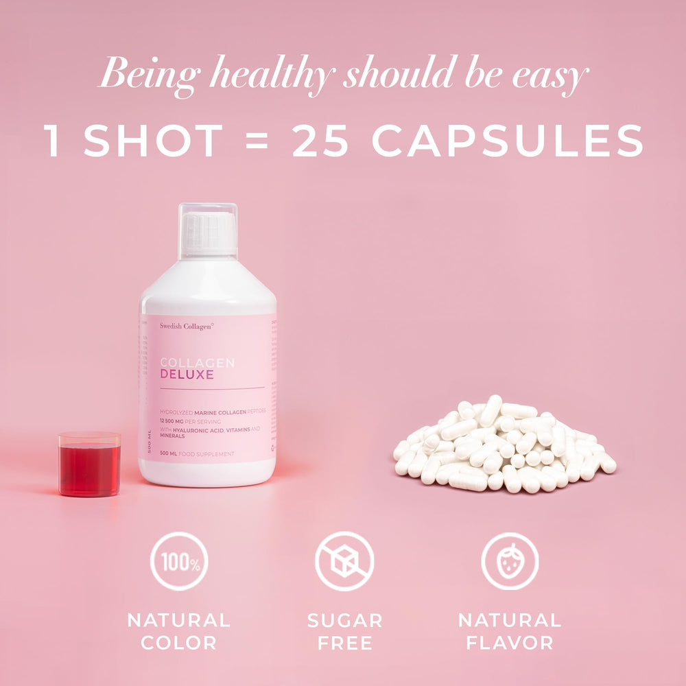 Swedish Collagen Deluxe natural berry shot label for convenient daily use