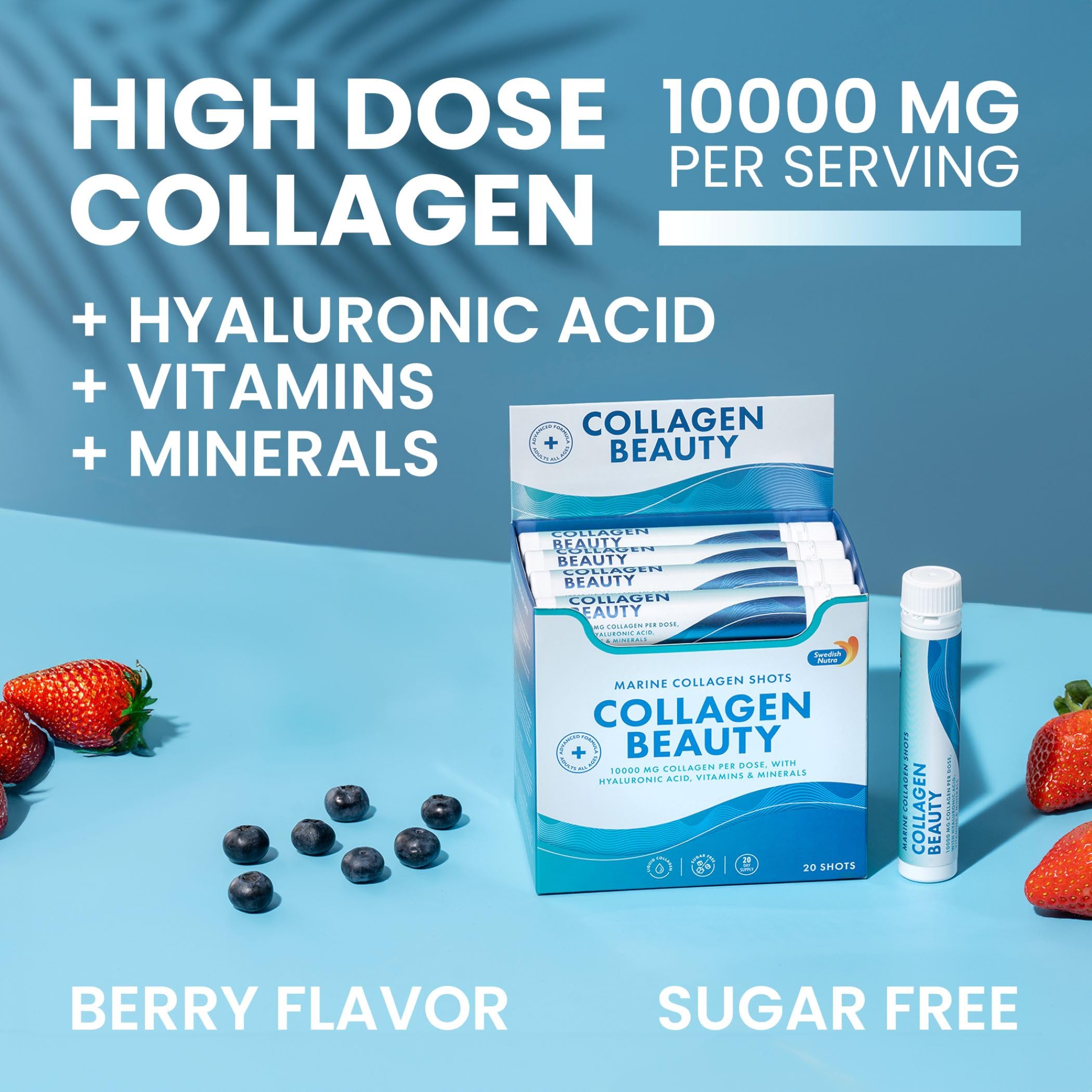 Swedish Nutra 10,000 mg marine collagen liquid pour showing potency and absorption
