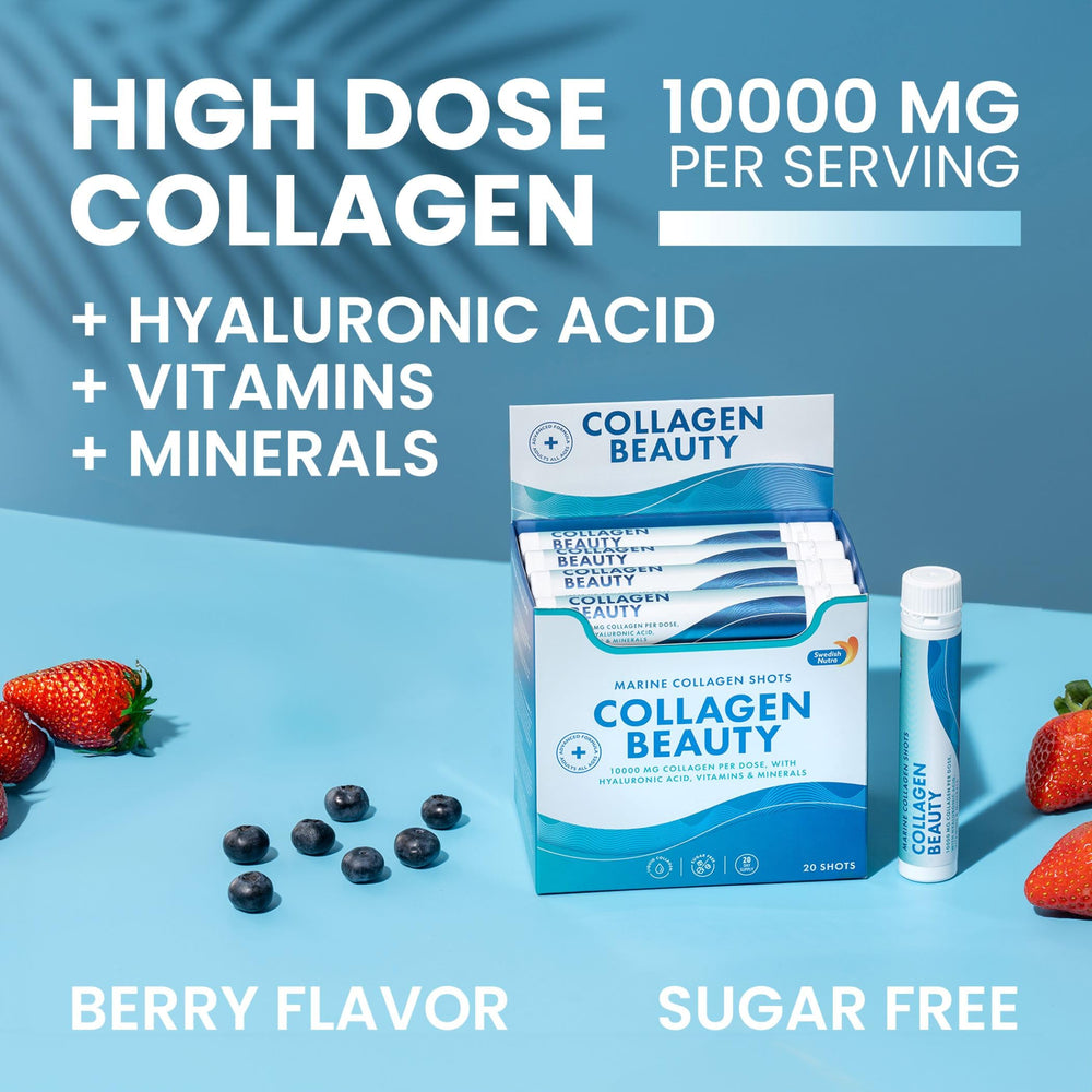 Swedish Nutra 10,000 mg marine collagen liquid pour showing potency and absorption